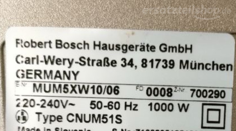 Typenschild Bosch  MUM5XW10/06