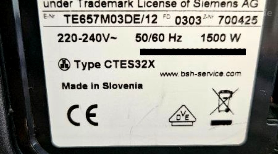 Typenschild Siemens TE657M03DE/12
