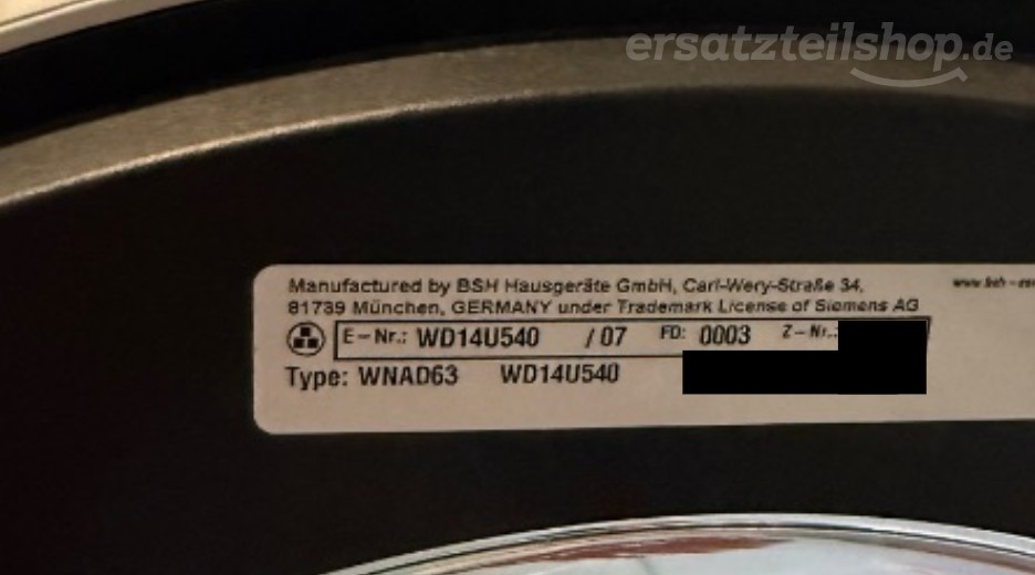 Typenschild Siemens WD14U540/07