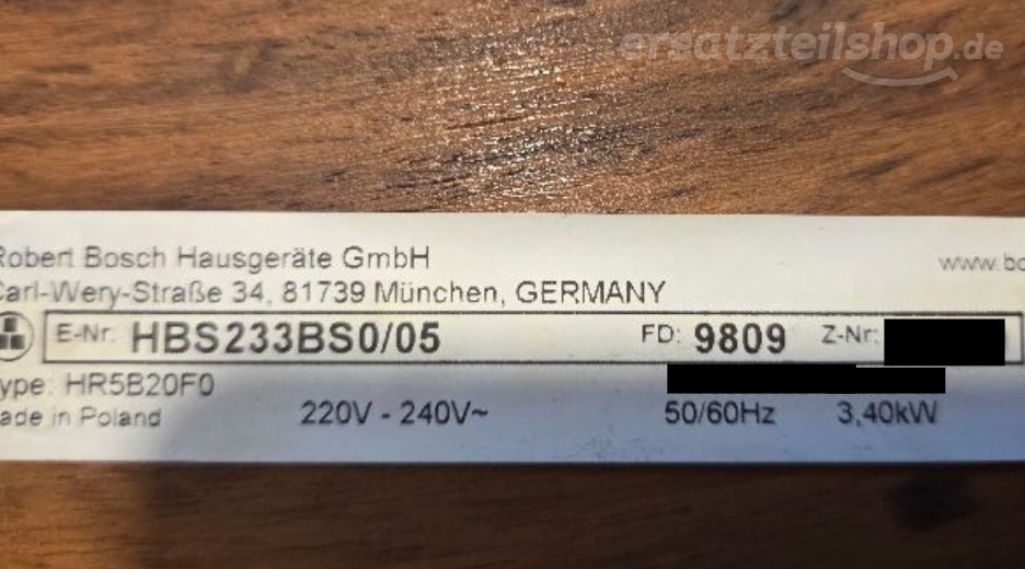 Typenschild Bosch HBS233BS0/05