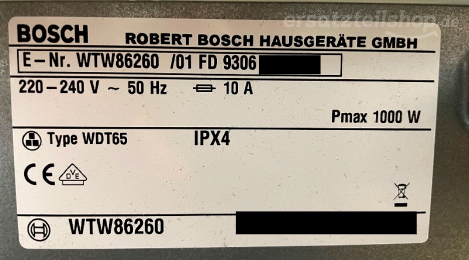 Typenschild Bosch WTW86260/01