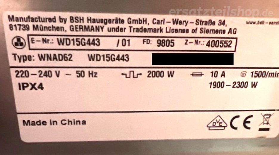 Typenschild Siemens WD15G443/01
