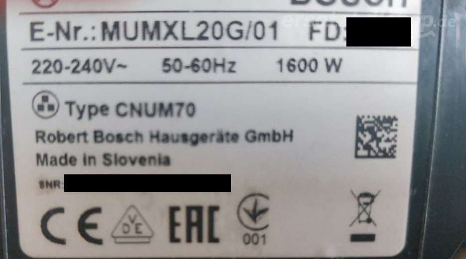 Typenschild Bosch MUMXL20G/01