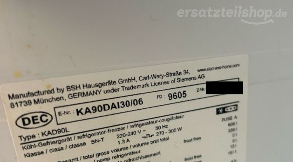 Typenschild Siemens KA90DAI30/06