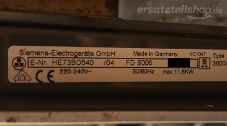 Typenschild Siemens HE73BD540/04