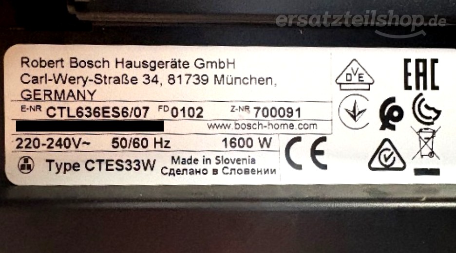 Typenschild Bosch CTL636ES6/07