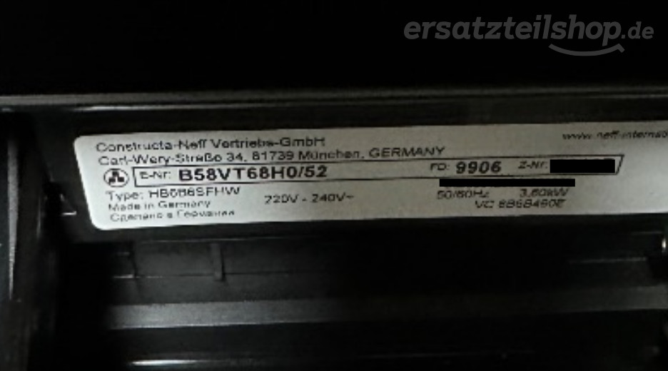 Typenschild Neff B58VT68H0/52