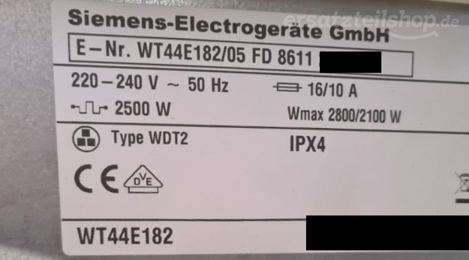 Typenschild Siemens WT44E182/05