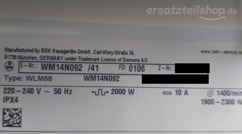 Typenschild Siemens WM14N092/41