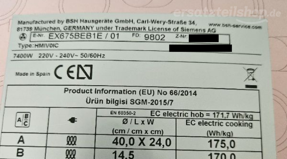 Typenschild Siemens EX675BEB1E/01