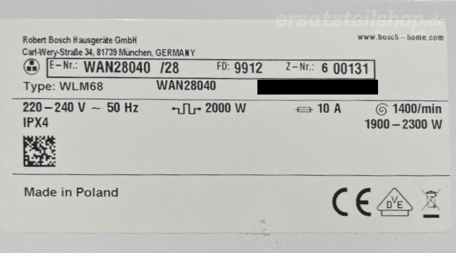 Typenschild Bosch WAN28040/28