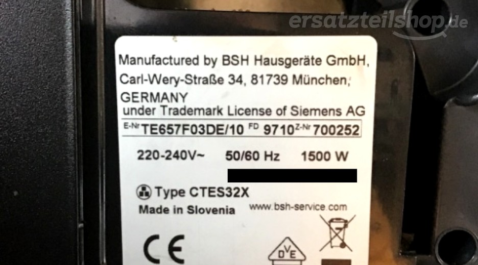 Typenschild Siemens TE657F03DE/10