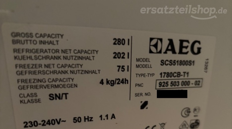 Typenschild AEG SCS51800S1 92550300001