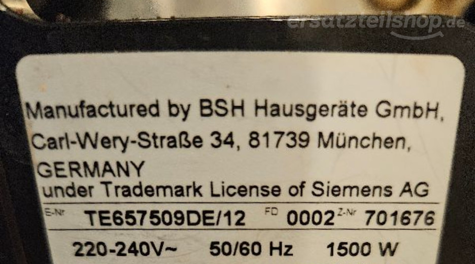 Typenschild Siemens TE657509DE/12