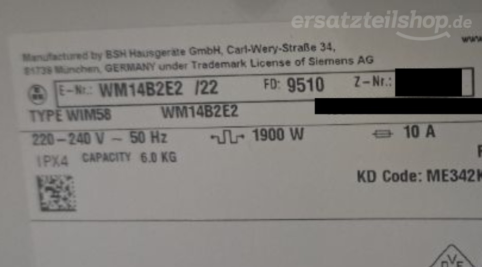Typenschild Siemens WM14B2E2/22