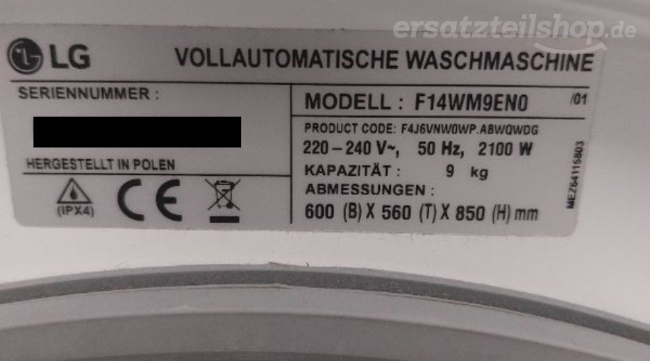 Typenschild LG F14WM9EN0.ABWQWDG F14WM9EN0.ABWQWDG