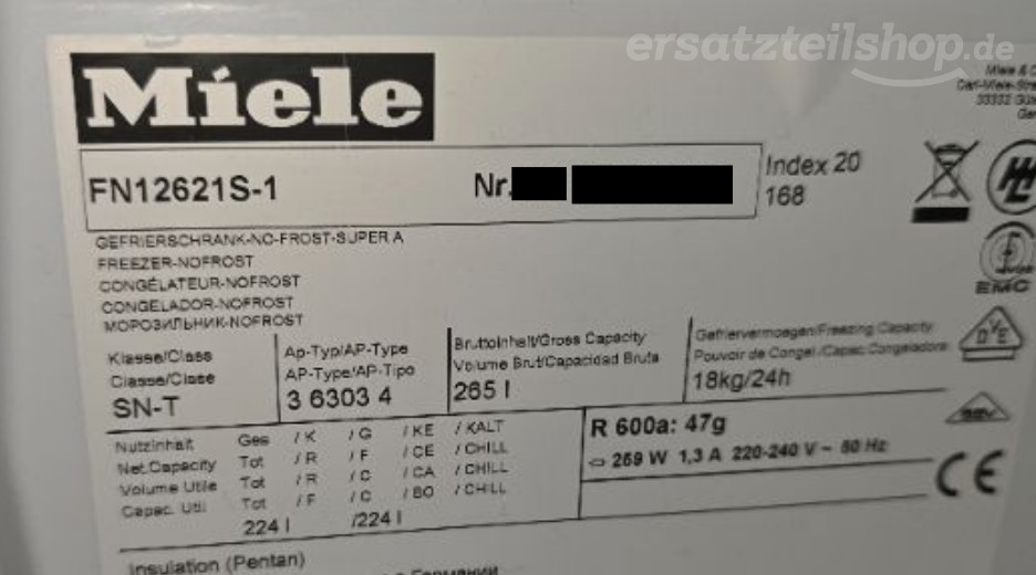 Typenschild Miele FN 12621 S-1 FN12621S-1