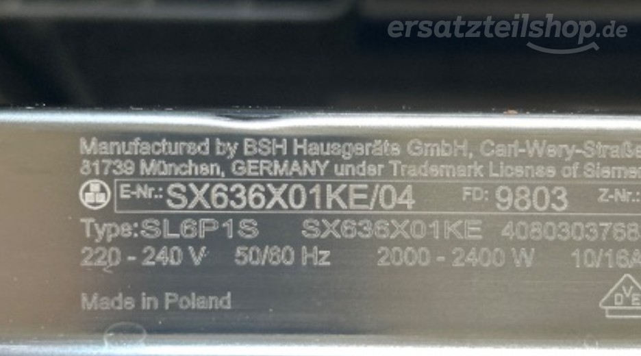 Typenschild Siemens SX636X01KE/04