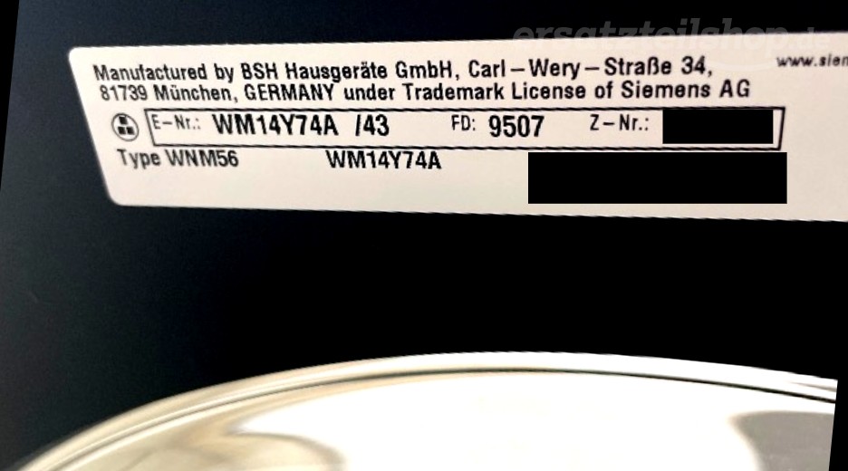 Typenschild Siemens WM14Y74A/43