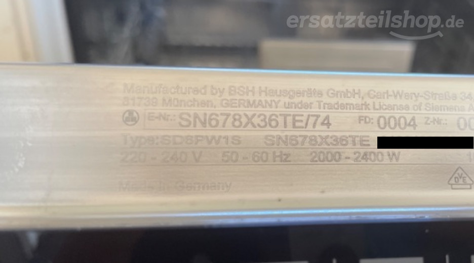 Typenschild Siemens SN678X36TE/74