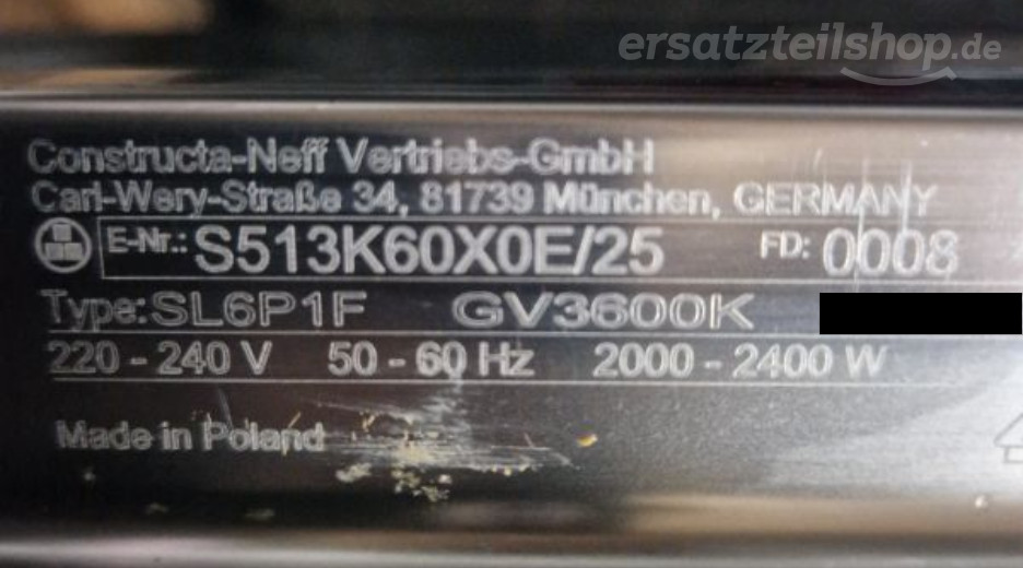 Typenschild Neff S513K60X0E/25