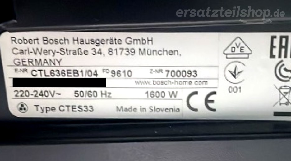 Typenschild Bosch CTL636EB1/04