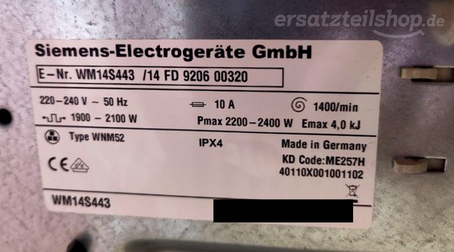 Typenschild Siemens WM14S443/14