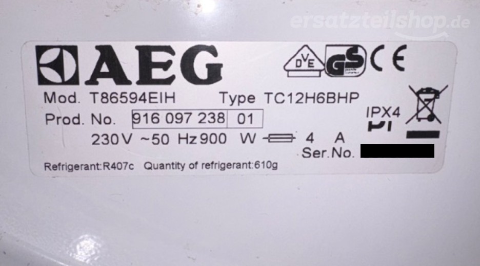 Typenschild AEG T86594EIH 91609723801