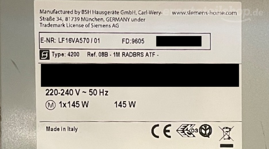Typenschild Siemens LF16VA570/01