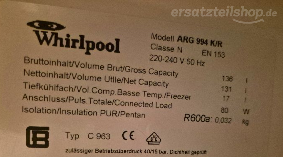 Typenschild Whirlpool ARG 994 K/R 853499422010