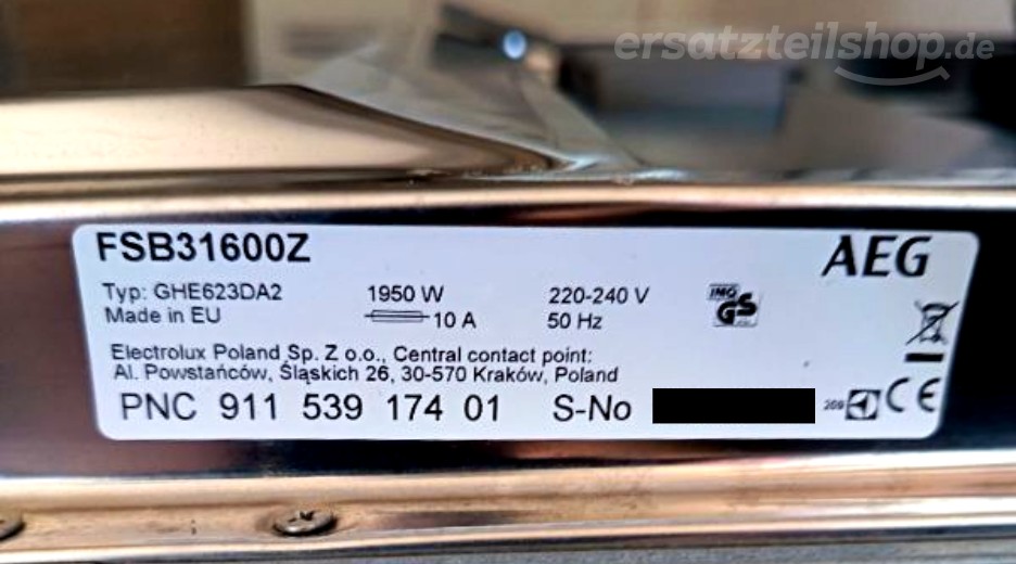 Typenschild AEG FSB31600Z 91153917401