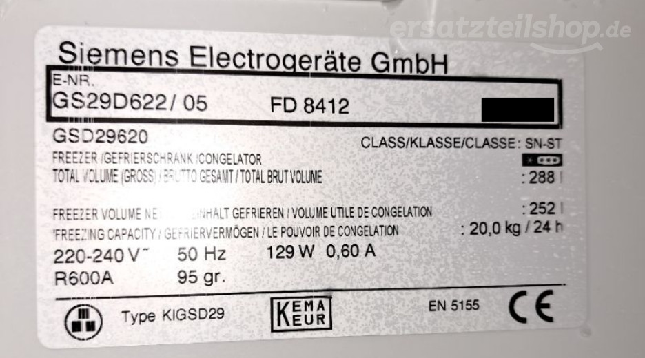 Typenschild Siemens GS29D622/05