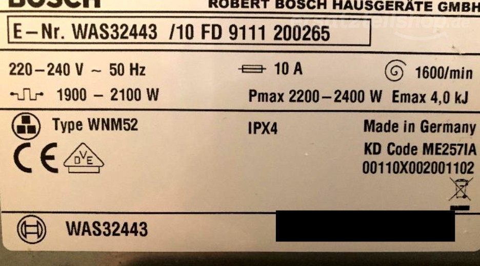 Typenschild Bosch WAS32443/10
