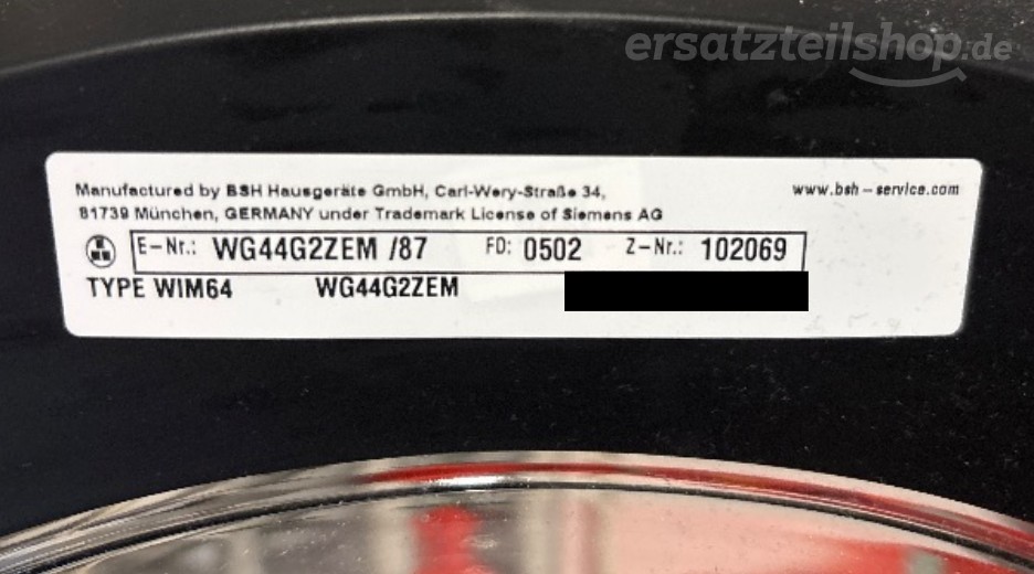 Typenschild Siemens WG44G2ZEM/87