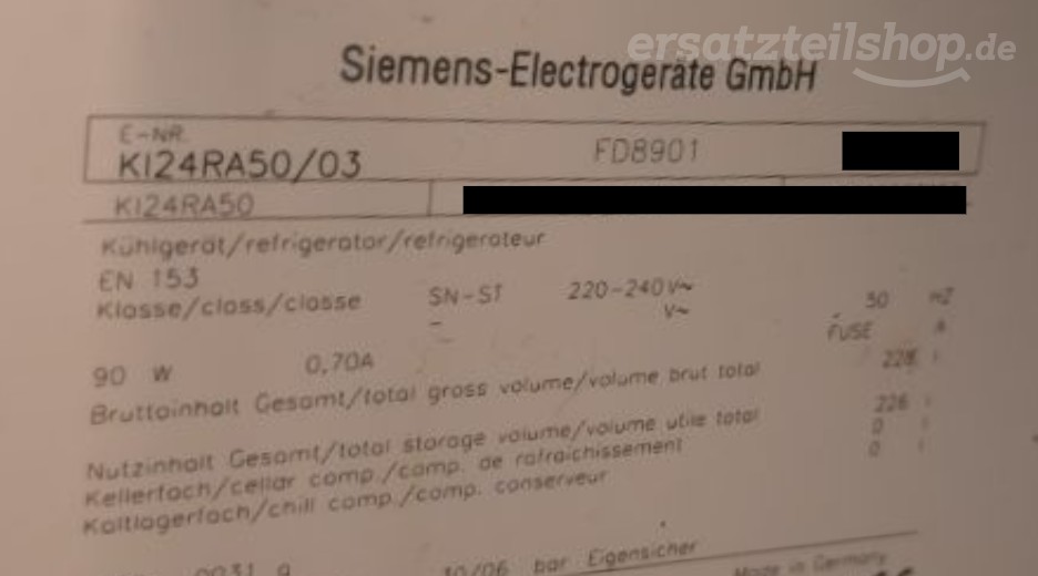 Typenschild Siemens KI24RA50/03