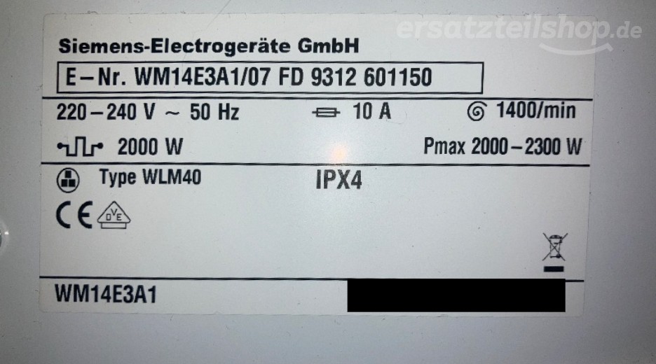 Typenschild Siemens WM14E3A1/07