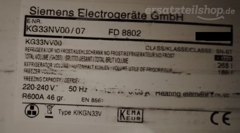 Typenschild Siemens KG33NV00/07