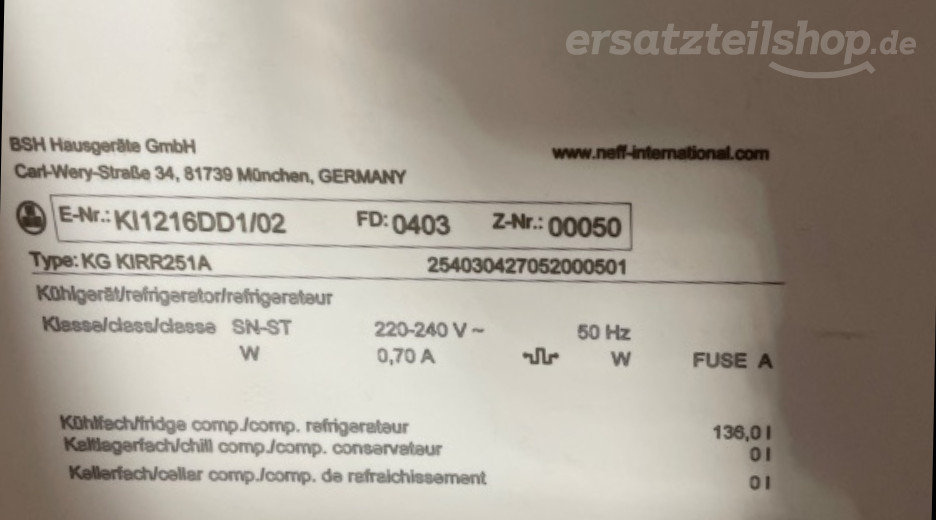 Typenschild Neff  KI1216DD1/02