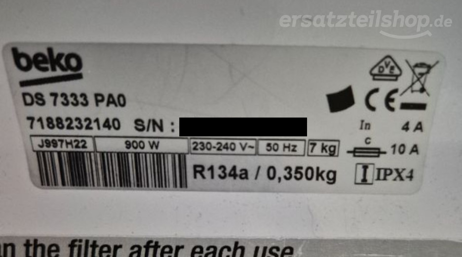Typenschild Beko DS 7333 PA0 7188232140