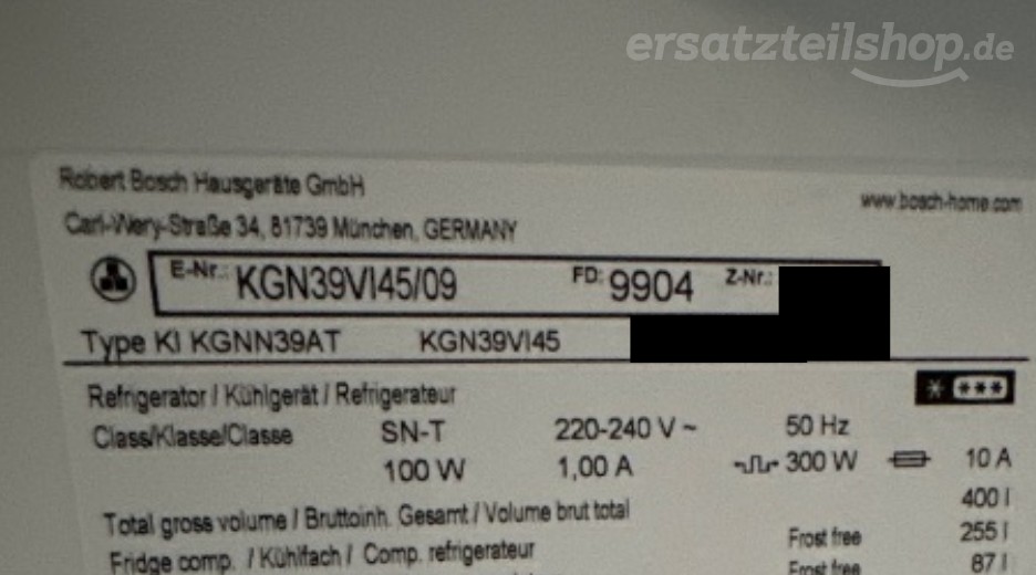 Typenschild Bosch KGN39VI45/09