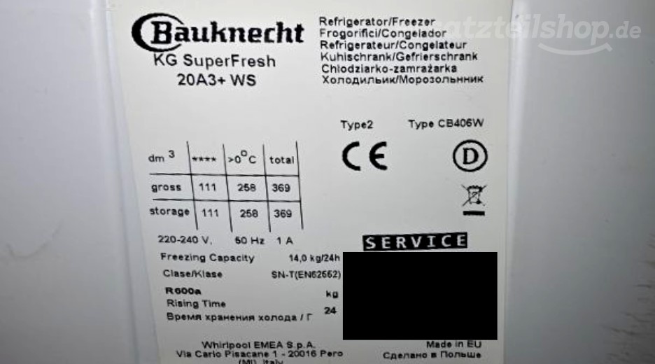 Typenschild Bauknecht KGSuperFresh20A3+WS 855024901302