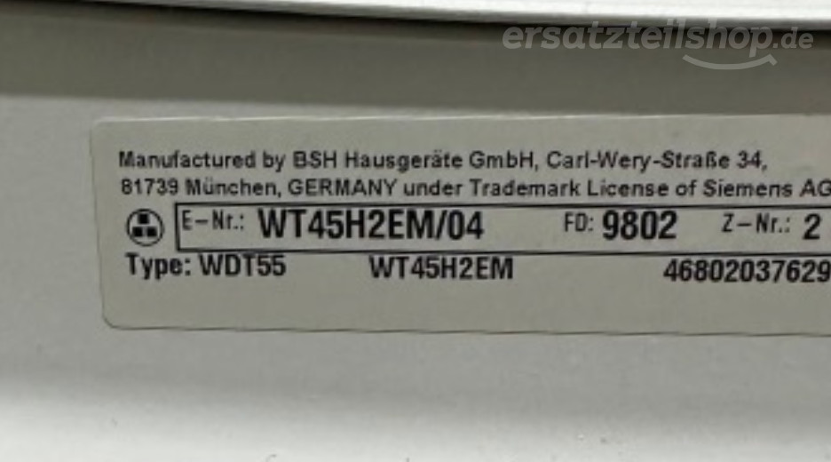 Typenschild Siemens WT45H2EM/04
