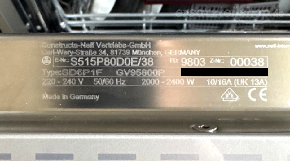 Typenschild Neff S515P80D0E/38