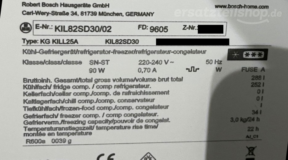 Typenschild Bosch KIL82SD30/02