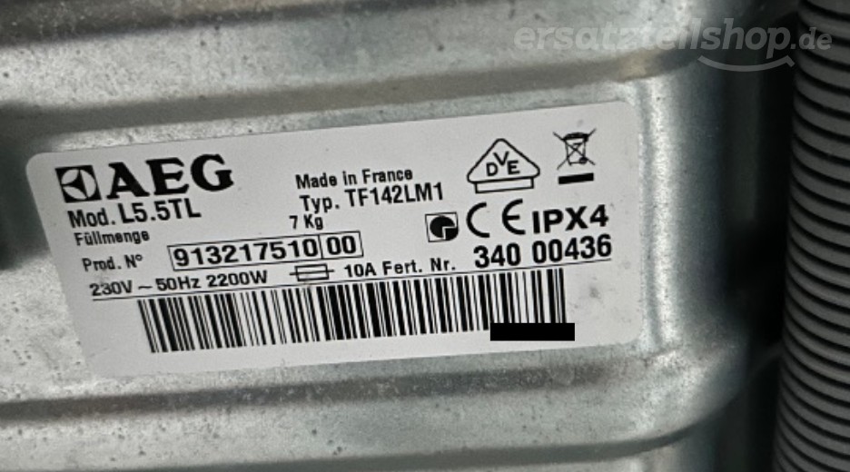 Typenschild AEG L5.5TL 91321751000
