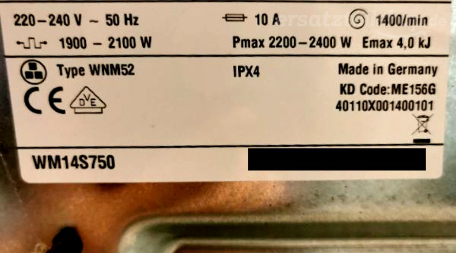 Typenschild Siemens WM14S750/08