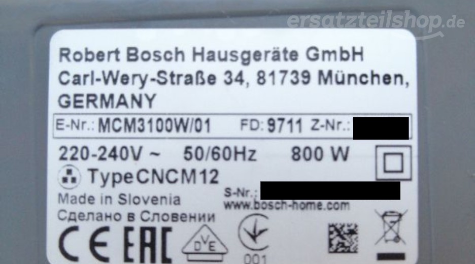 Ersatzteile Bosch MCM3100W/01 Typenschild Bosch MCM3100W/01