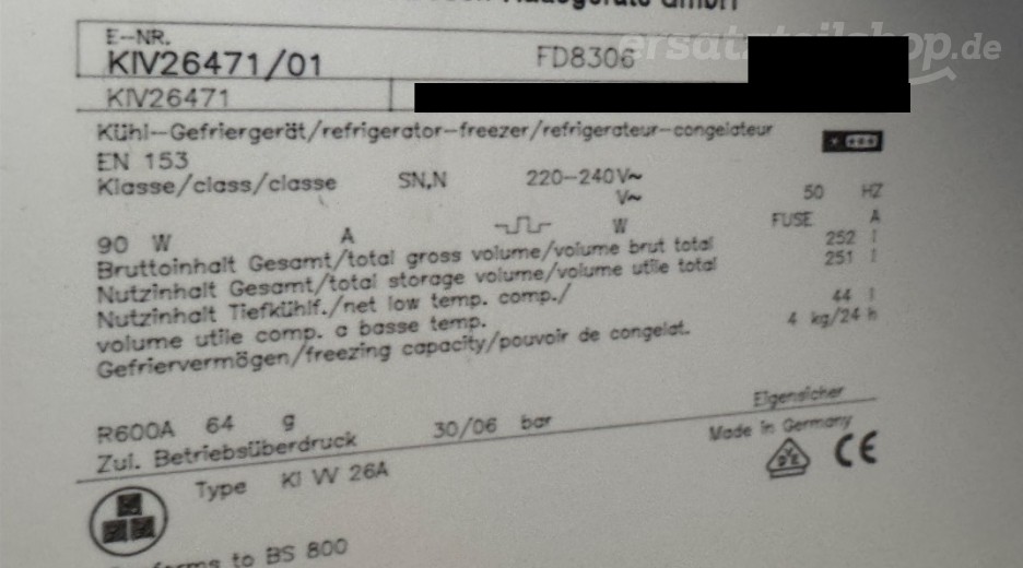 Typenschild Bosch KIV26471/01