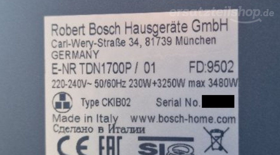 Typenschild Bosch TDN1700P/01
