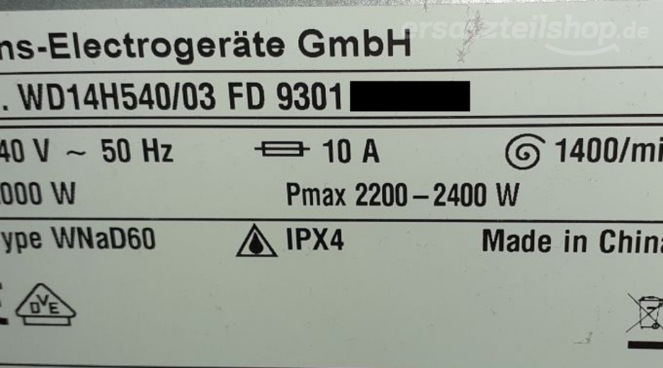 Typenschild Siemens WD14H540/03
